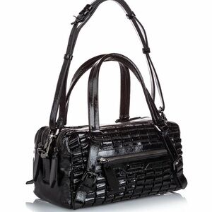 Burberry Patent Black Croc-Textured Satchel with Adjustable Strap